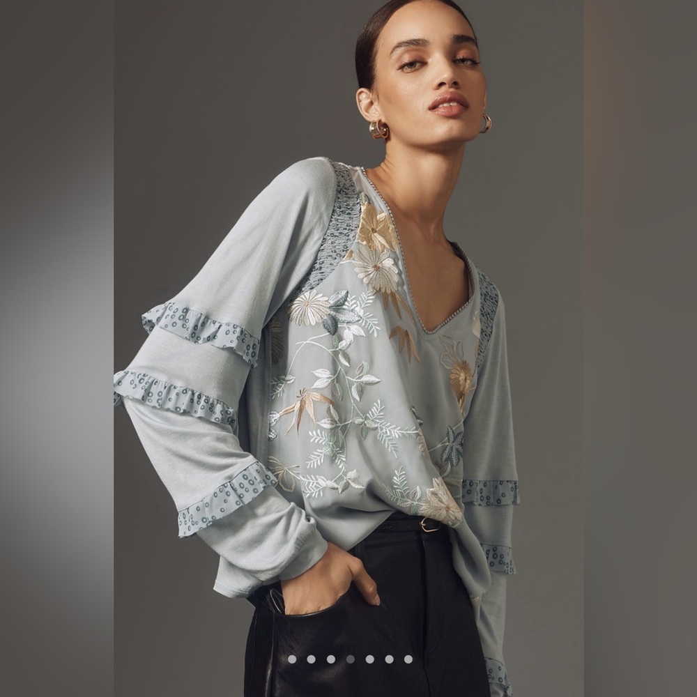 Embroidered Light Blue Floral V-Neck Women's Top